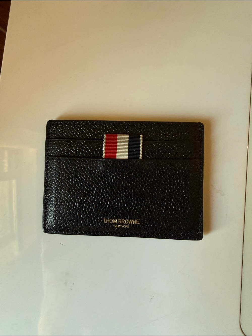 Thom Browne Black Pebbled Leather Card Holder with Tricolor Web